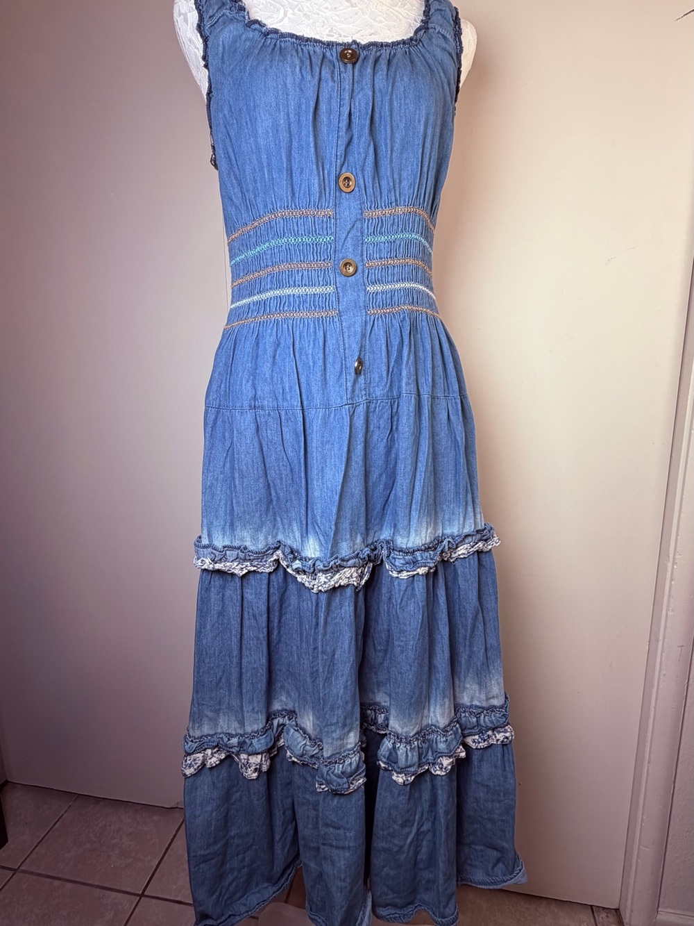 Lapis Blue Denim Maxi Dress with Tiered Ruffle Skirt